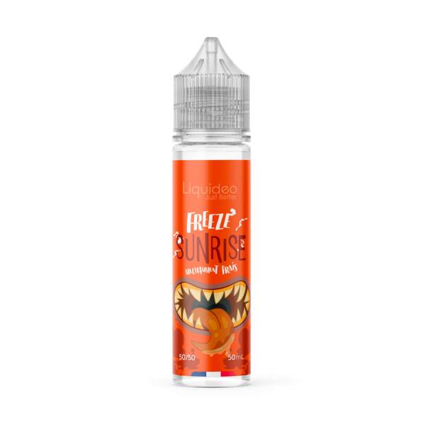 E-liquide Freeze Sunrise Orange Fraise 50 ml Liquideo, flacon grand format saveurs orange, fraise et fraîcheur intense.