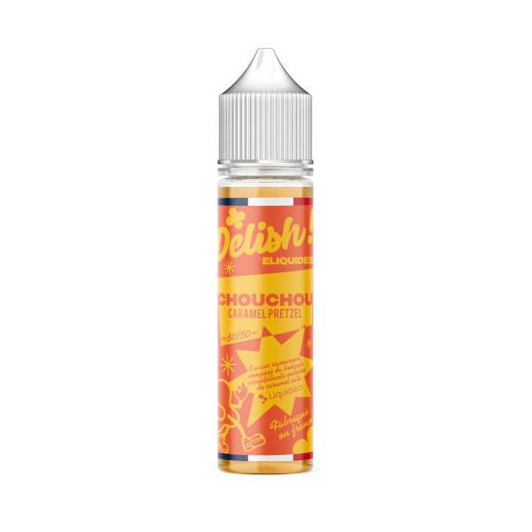 E-liquide Chouchou Caramel 50 ml Delish by Liquideo, flacon grand format saveur chouchou caramélisé et caramel gourmand.