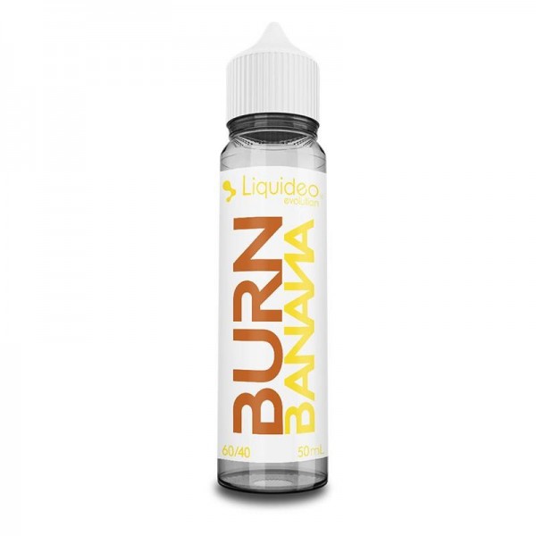 E-liquide Burn Banana 50 ml Liquideo, flacon grand format saveurs banane flambée, caramel et notes gourmandes.